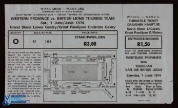 1974 British Lions in South Africa Rugby Ticket: Lovely Large blue full grandstand ticket, maybe