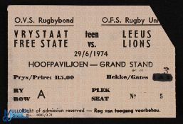 1974 British Lions in South Africa Rugby Ticket: From the Orange Free State match. Clipped, slight