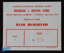 1974 British Lions in Africa Rugby Ticket: Rarer issue from the Rhodesia game, Police Ground,