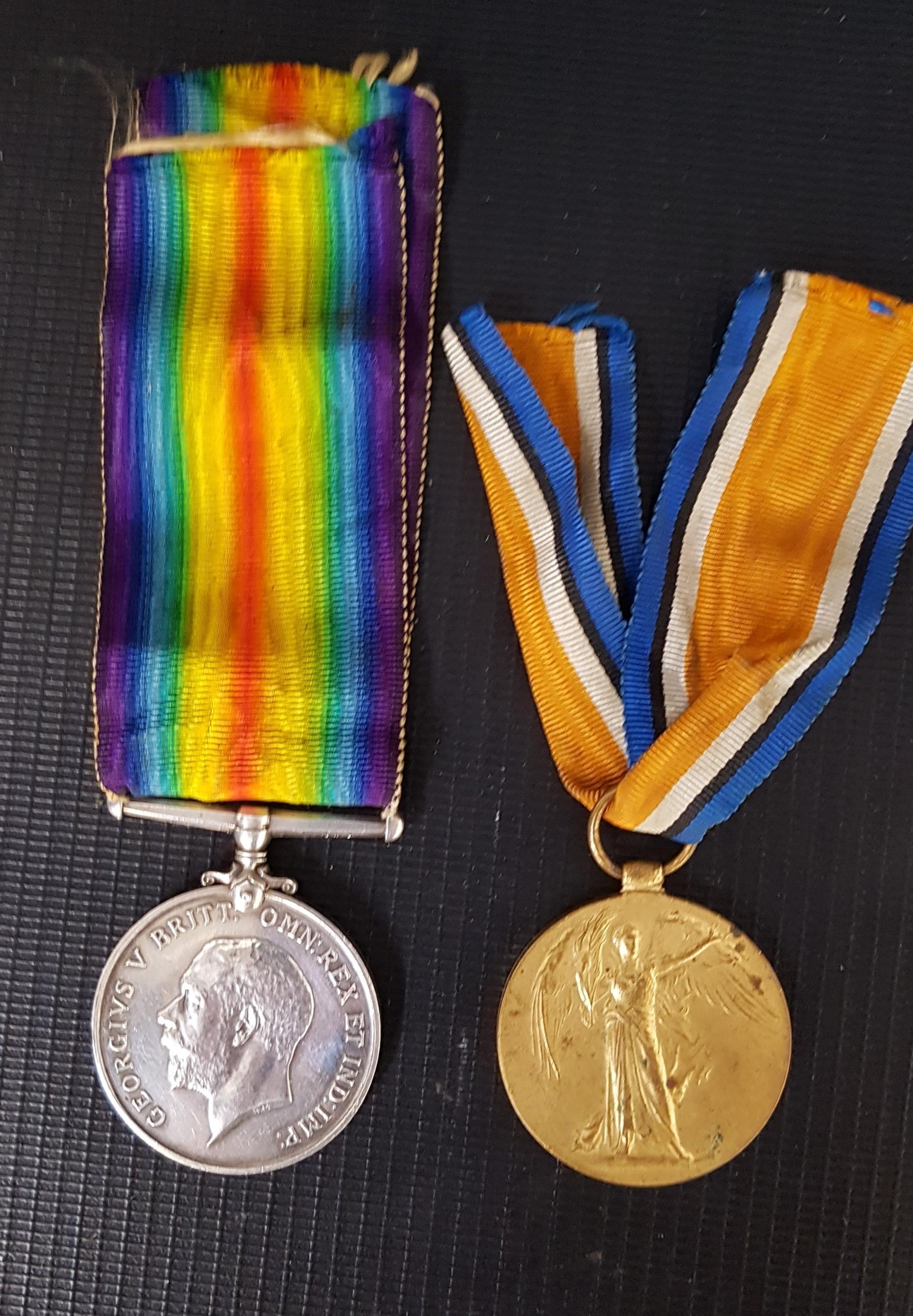 WWI WAR AND VICTORY MEDALS named to 242837 GN.R J.McGill R.A. with ribbons (2)