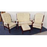 FOUR PIECE STAINED BEECH SUITE comprising a two seat sofa, two armchairs and a footstool, all