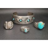 SELECTION OF TURQUOISE SET NATIVE AMERICAN SILVER JEWELLERY comprising a bangle by Farlene