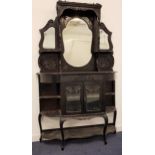 EDWARDIAN MAHOGANY DISPLAY CABINET with a shaped raised back with three shaped bevelled mirrors