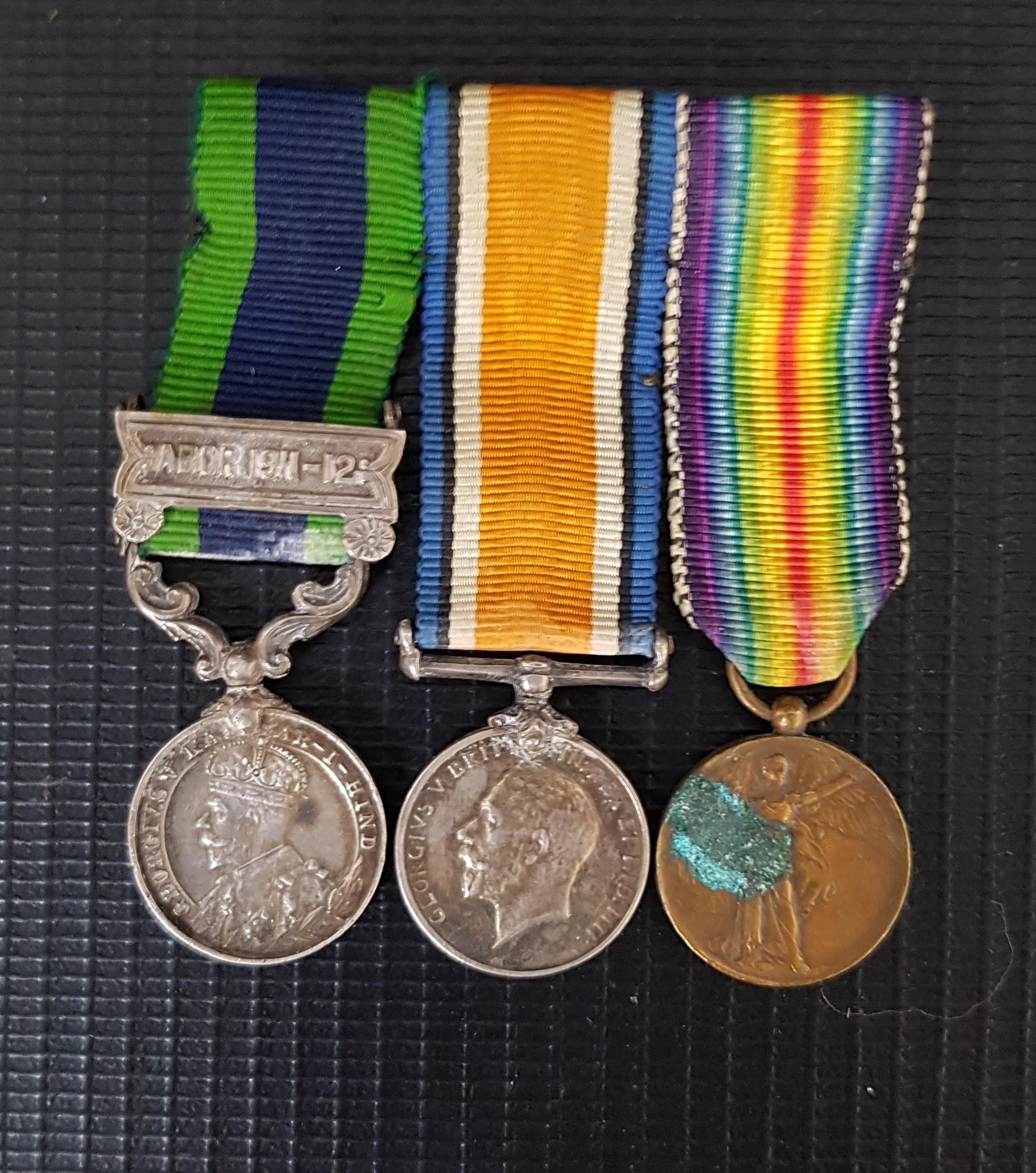 WWI MINATURE TRIO BAR comprising the War and Victory medals and the Indian General Service Medal