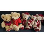 FIVE HARRODS PLUSH TEDDY BEARS comprising a 1996 edition with a burgundy waistcoat and purple