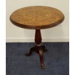 VICTORIAN BURR WALNUT AND INLAID MARQUETRY TILT TOP OCCASIONAL TABLE standing on a turned column