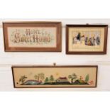 THREE NEEDLE WORK PICTURES including Home Sweet Home, 24cm x 60cm, a winter's scene of soldiers by a
