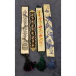 FOUR NEEDLEWORK BELL PULLS one blue and white Chinese style, 139cm long, one black and white