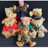 SEVEN PLUSH TEDDY BEARS comprising a Channel Island Toy Pamela's Bear with jointed limbs, 25cm high,