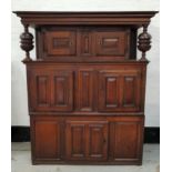 18th CENTURY COURT CUPBOARD/TRIDARN of pegged construction, with a moulded top on bulbous supports