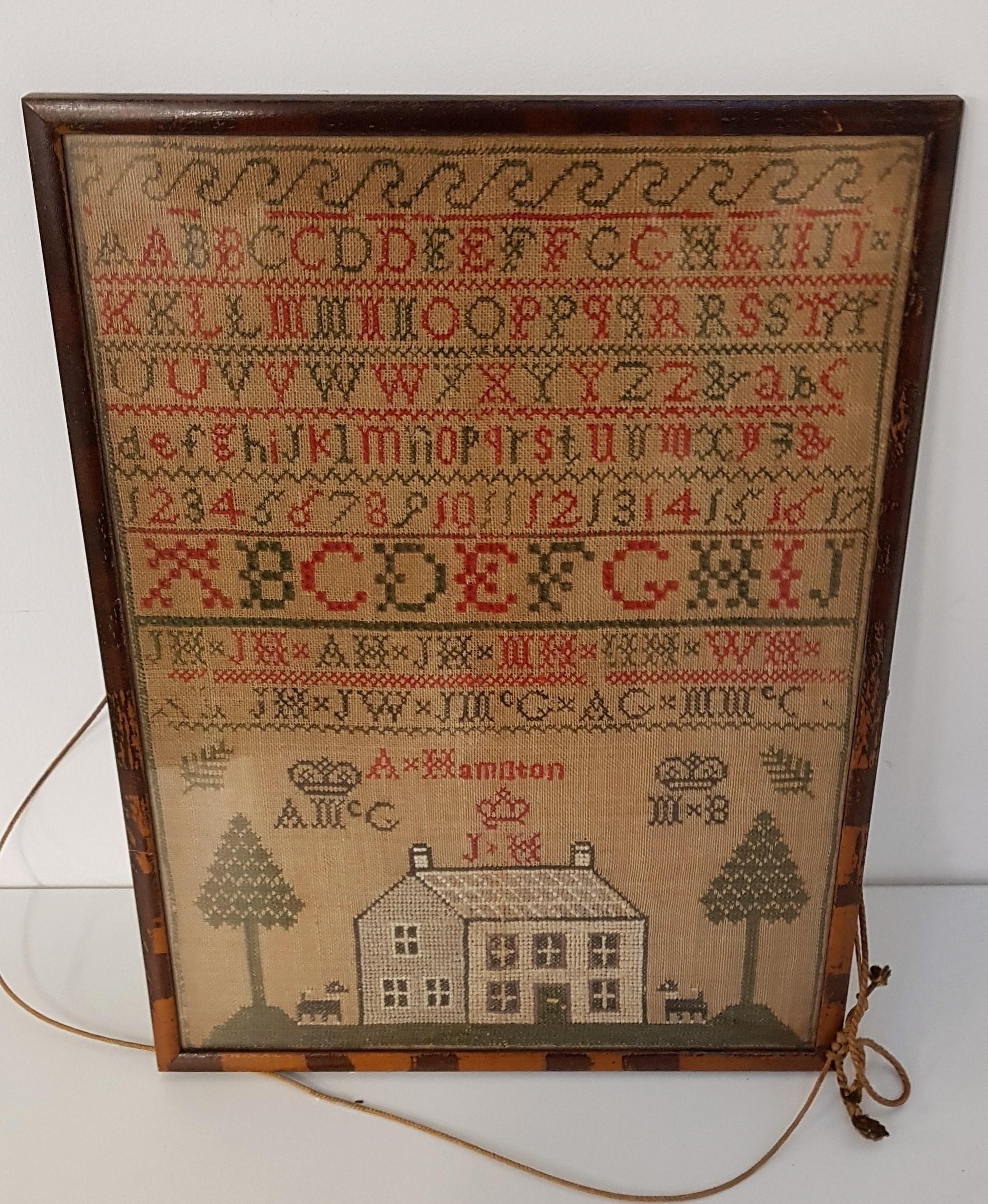 VICTORIAN SCOTTISH SAMPLER by A. Hampton with rows of alphanumeric in red and green thread, above