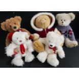 SELECTION OF FIVE TEDDY BEARS comprising a Chad Valley Winter Woolies 2002 with a burgundy jacket,