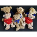 SIX PLUSH TEDDY BEARS comprising two Russ Millennium 200 with a blue jumper and one with a scarf,