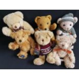 SIX PLUSH TEDDY BEARS comprising a German Clemens growler with a frill collar and jointed limbs,