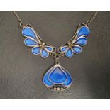 ATTRACTIVE PAT CHENEY ENAMEL DECORATED SILVER NECKLACE with a central pendant section in three