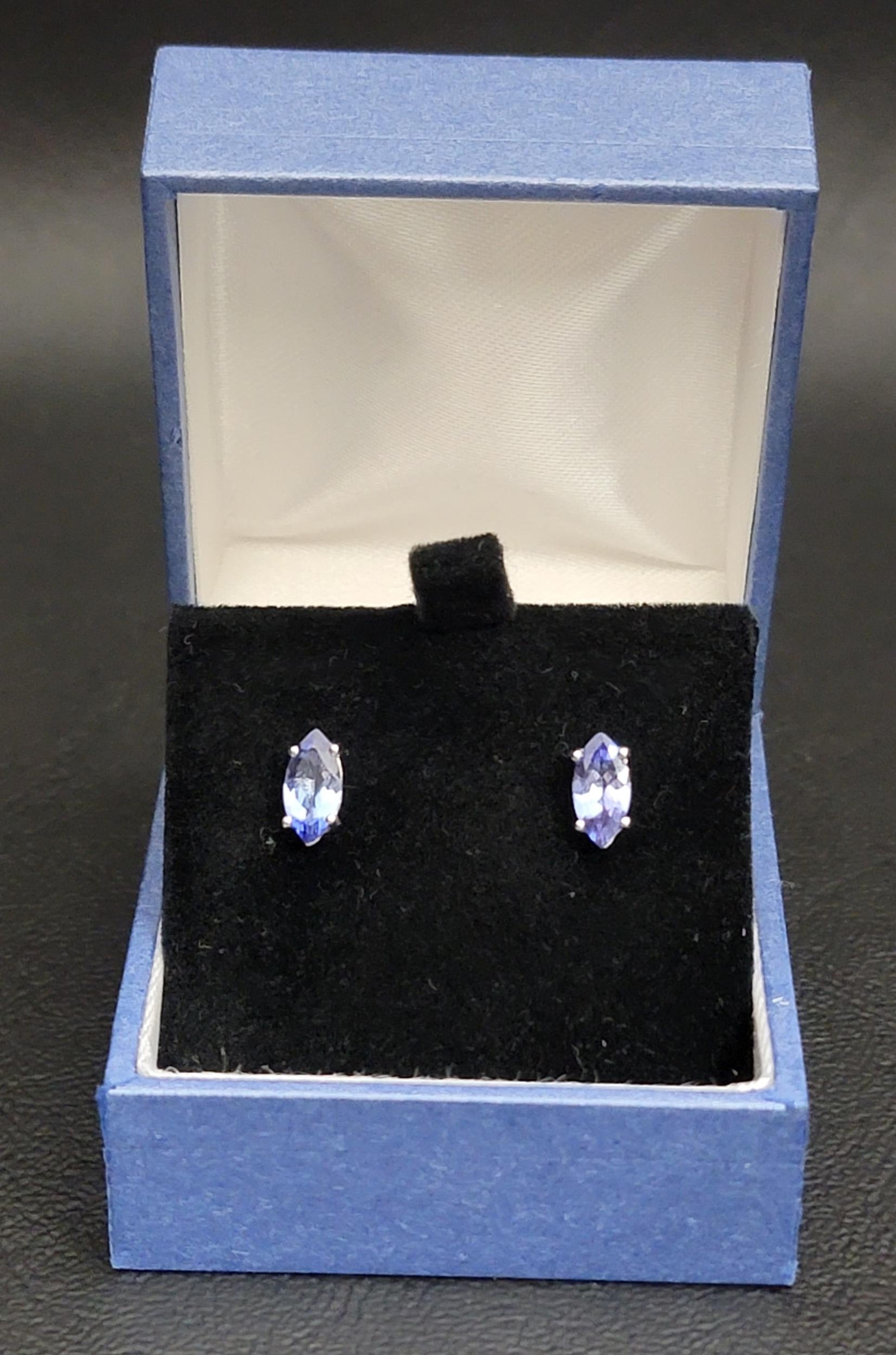 PAIR OF CERTIFIED TANZANITE STUD EARRINGS in nine carat white gold, the marquise cut AA+ - Image 2 of 3