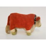 VINTAGE MERRYTHOUGHT PLUSH BULL in brown and white, with a collar, 19cm high