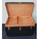LARGE TRAVEL TRUNK with brass reinforced corners and side carrying handles, with a lift out tray
