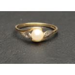 PEARL AND DIAMOND RING the central pearl flanked by small diamonds, on nine carat gold shank, ring