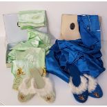 PAIR OF CHINESE BLUE SATIN PYJAMAS comprising pyjama bottoms, an embroidered dragon top, pair of