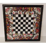 NEEDLEWORK CHESS BOARD with sixty four black and white squares, the border with the King, Queen