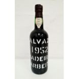 MALVAZIA 1952 MADEIRA BARBEITO no strength or capacity statements. Level low neck, 1 bottle