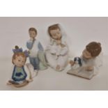 FOUR NAO FIGURINES including a boy with his puppy, reading a book, 18cm long, child wrapped in a