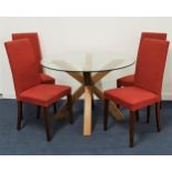 CIRCULAR DINING TABLE AND CHAIRS the with a glass top on an oak cross strut supports, 74.5cm x
