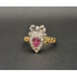 UNUSUAL RUBY AND DIAMOND CLUSTER RING the pear cut ruby in diamond surround and surmounted by a