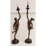 AFTER GIAMBOLOGNA a pair of decorative bronze figural lamps of Mercury and Fortuna, both holding