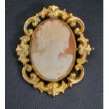 LARGE CAMEO BROOCH the carved shell cameo depicting a female bust in profile, in pierced and