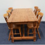 PINE FARMHOUSE STYLE TABLE AND CHAIRS the table with a rectangular top, standing on turned