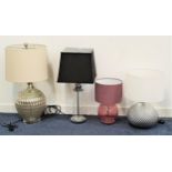 FOUR SINGLE LAMPS including a squat mauve glass lamp and mauve shade, 40cm high, silvered mottled