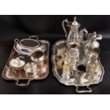 SELECTION OF SILVER PLATE including two trays, oval lidded serving dish, coffee pot, milk jug, water