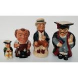 FOUR CHARACTER JUGS including Manor the blacksmith, 14cm high, Roy Kirkham the scholar, 18cm high