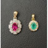 TWO GOLD GEM SET CLUSTER PENDANTS comprising an eighteen carat gold diamond and emerald pendant