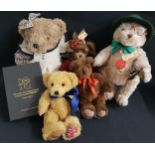 FIVE PLUSH TEDDY BEARS comprising one in a gingham dress, 48cm high, Herrman limited edition 398/500