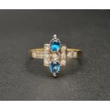 ART DECO STYLE BLUE TOPAZ AND DIAMOND PLAQUE RING the two oval cut blue topazes surrounded by