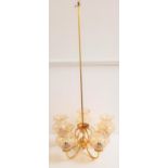 MODERN GILT METAL CHANDELIER the brass column with five shaped arms with decorative smoked glass
