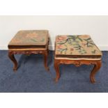 PAIR OF 19th CENTURY WALNUT STOOLS with square needlepoint tops above a carved frieze, standing on