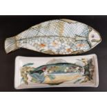 HIGHLAND STONEWARE FISH DISH decorated with a fish and reeds, 38.5cm long, together with a fish