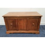 OAK LINENFOLD BLANKET CHEST with a lift up lid above a carved central panel, 91cm wide