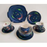 CROWN STAFFORDSHIRE TEA SET decorated in the Phoenix pattern on a blue ground, comprising ten