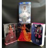 FOUR BARBIE DOLLS comprising Laverne Cox, George Washington for FAO Schwarz, Dancing Fire and the