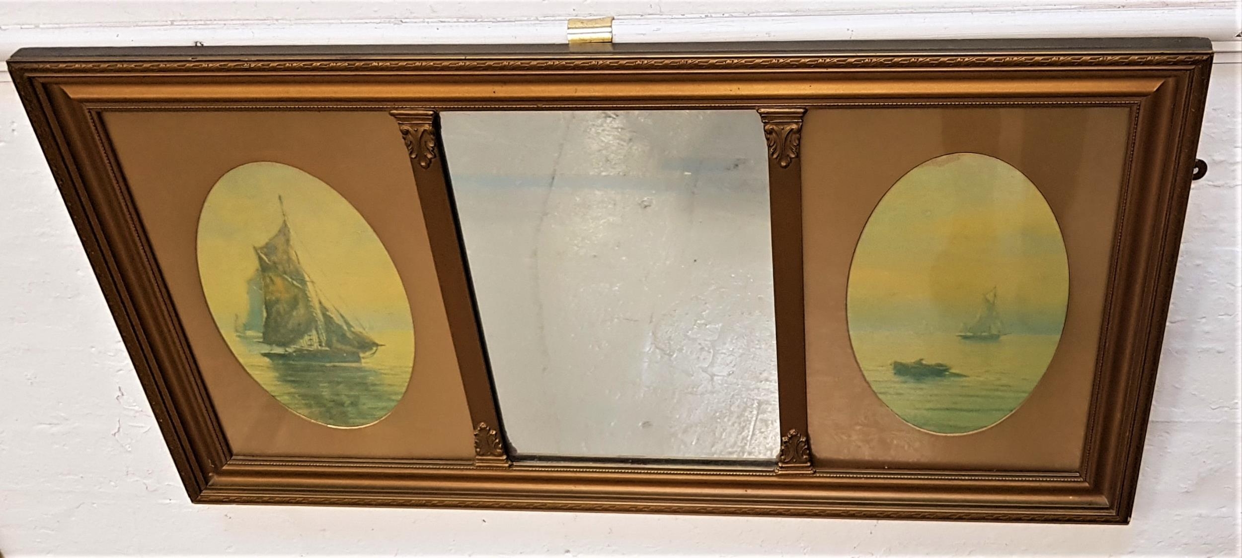 1950s WALL MIRROR with a rectangular central plate flanked by two maritime scenes, 44cm x 84.5cm