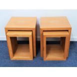 PAIR OF LIGHT OAK OCCASIONAL TABLES with square tops and plank sides, with a pull out table/cupboard