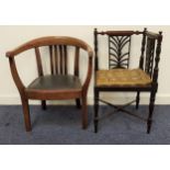 EDWARDIAN MAHOGANY CORNER CHAIR with a pierced back above a needlework seat, standing on turned