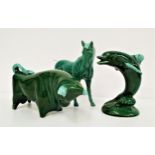 TRENTHAM POTTERY BULL by Colin Melbourne, with a green glazed body, 31cm long, a green glazed