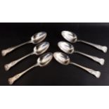 SIX GEORGE IV SILVER TABLE SPOONS in the Kings pattern, the terminals engraved with an italic J,