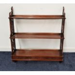 SET OF MAHOGANY OPEN SHELVES with three shelves, lattice work sides, and three drawers, 90cm x 74.
